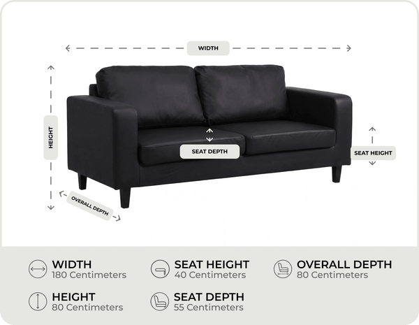 Nova Black Leather 3 Seater Sofa measurements