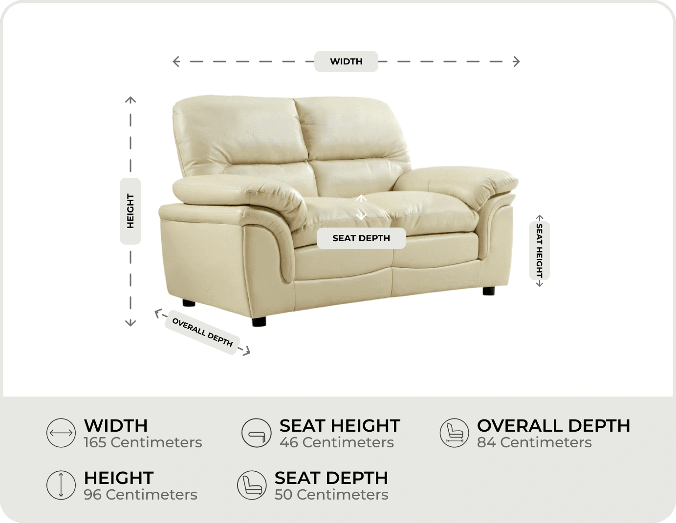 Florence Cream Leather 2 Seater Sofa measurement 