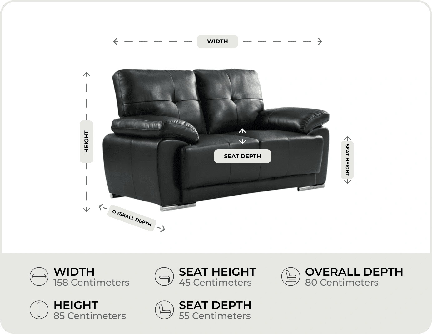 Brighton Black Leather 2 Seater Sofa    measurements
