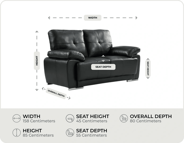 Brighton Black Leather 2 Seater Sofa    measurements
