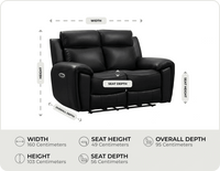 Leo Genuine Leather Black Electric Power Recliner 2 Seater Sofa measurements