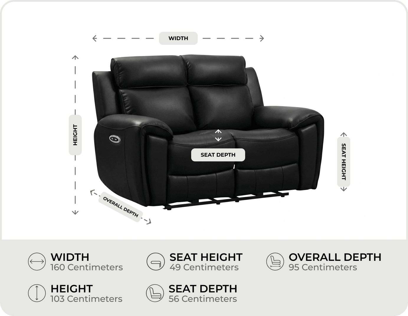 Leo Genuine Leather Black Electric Power Recliner 2 Seater Sofa measurements