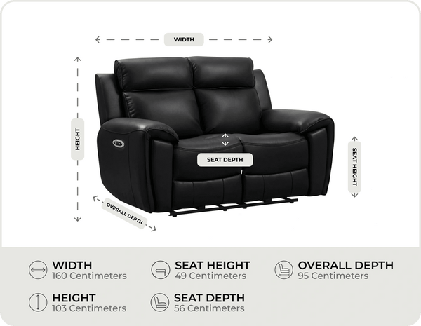 Leo Genuine Leather Black Electric Power Recliner 2 Seater Sofa measurements