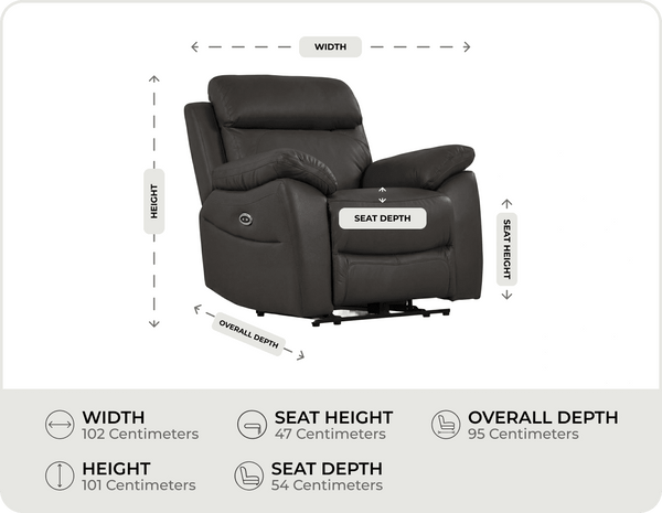 Torino Genuine Leather Grey Electric Power Recliner Armchair measurements