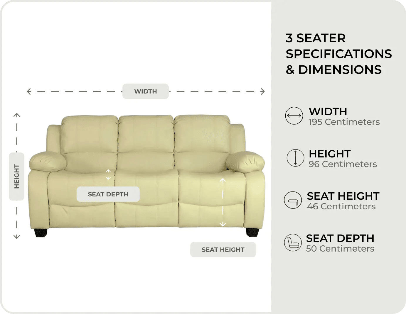 Veloura cream  Leather 3 seater measurements