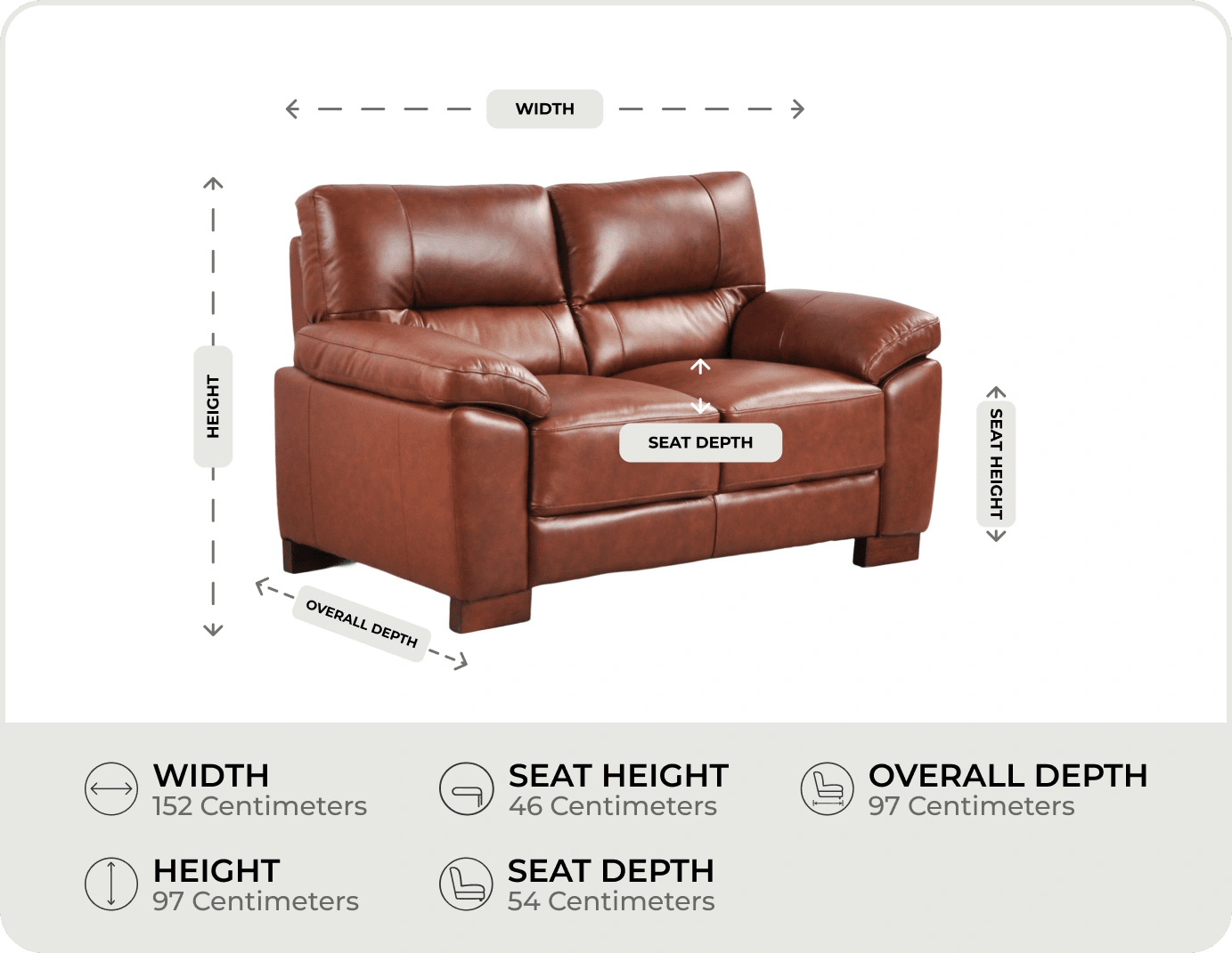 Dalmore Genuine Leather Tan 2 Seater Sofa measurement 