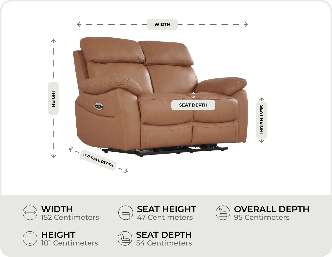 Torino Genuine Leather Caramel Electric Power Recliner 2 Seater Sofa
   measurements
