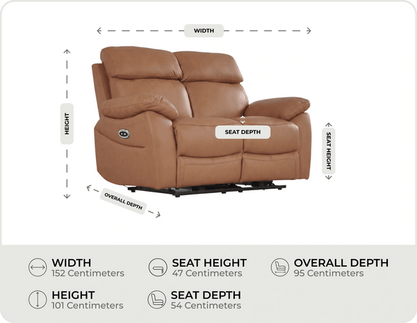 Torino Genuine Leather Caramel Electric Power Recliner 2 Seater Sofa
   measurements
