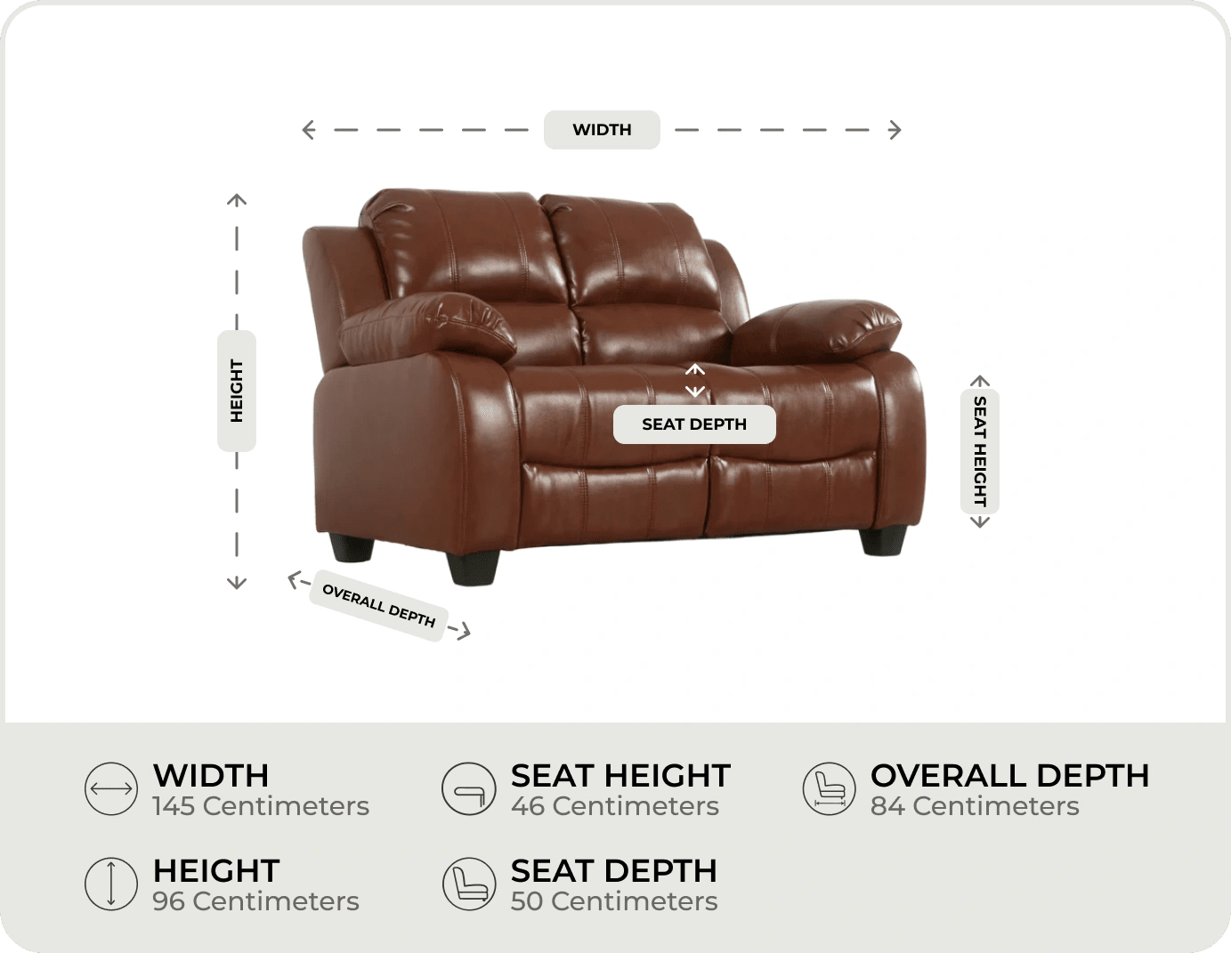 Veloura Tan Leather 2 Seater Sofa measurement