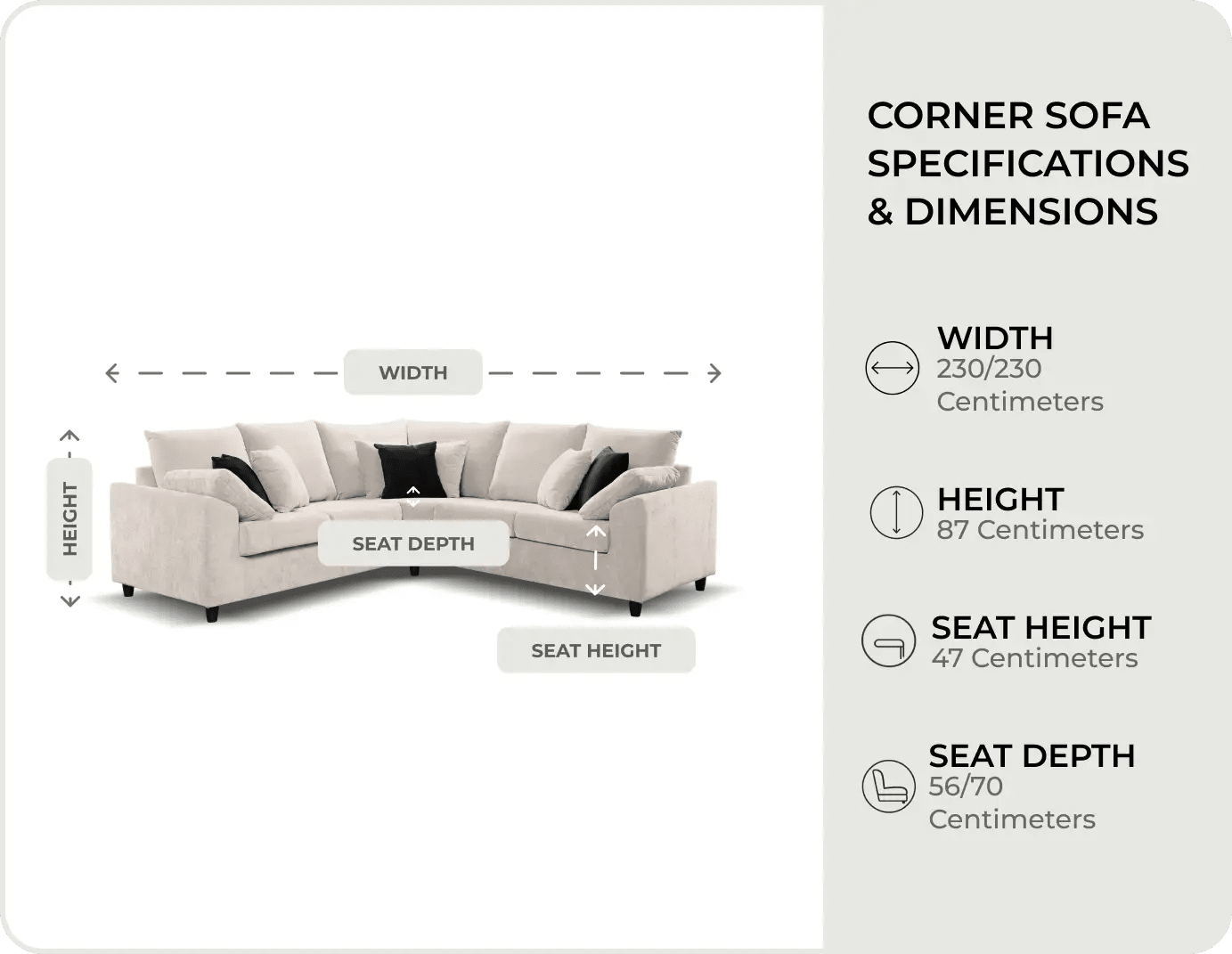 Euphoria Light Grey Corner Sofa measurements