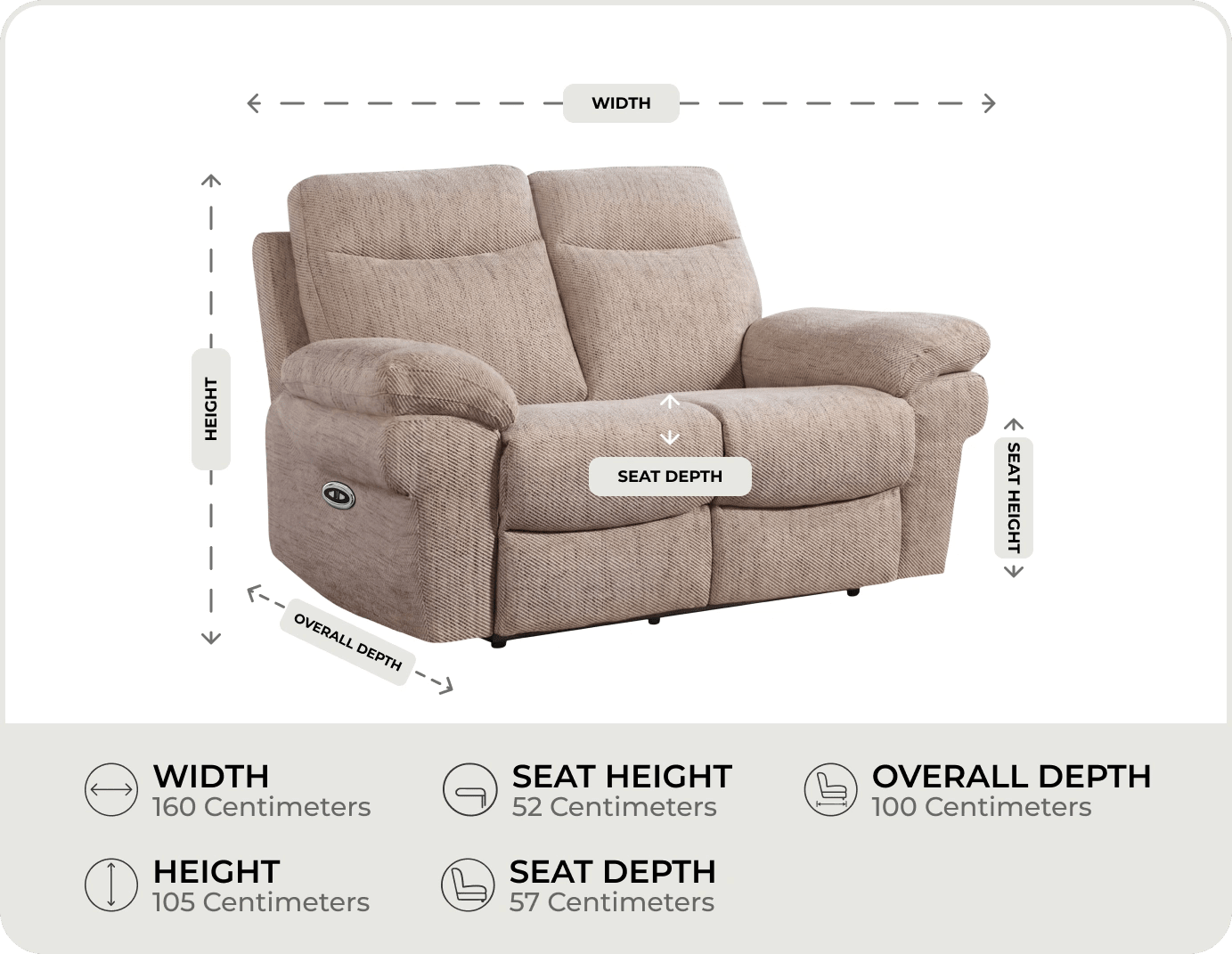 Lunaro Beige Fabric Electric Recliner 2 Seater Sofa measurements