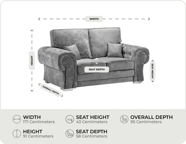 Florence High Back Grey Fabric 2 Seater Sofa measurements