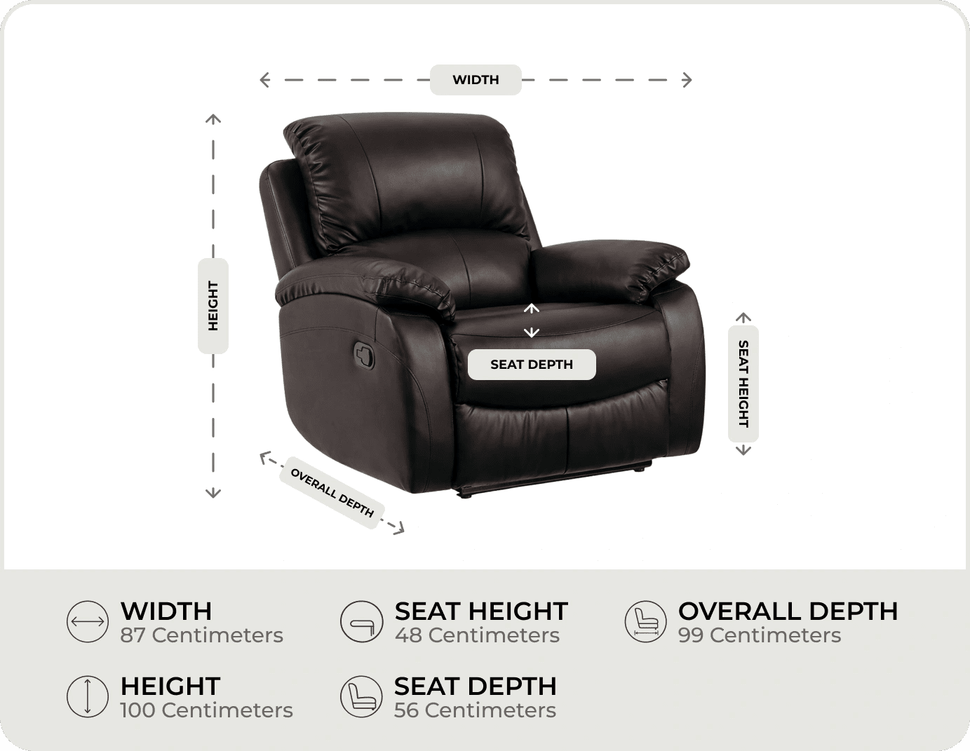 Serano Brown Leather Manual Recliner Armchair  measurements
