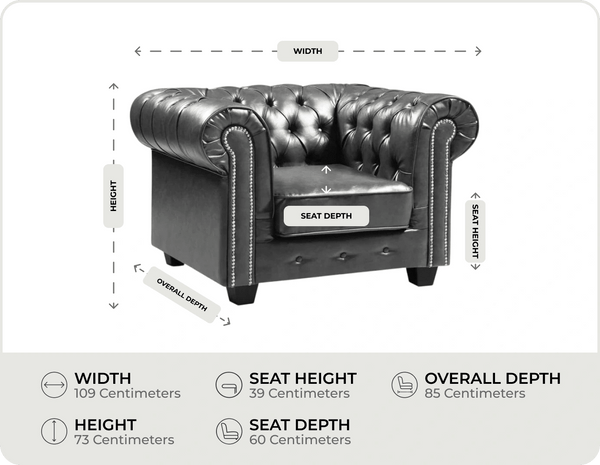 Chesterfield Grey Leather Antique Armchair measurements
