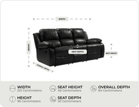 York Black Leather 3 Seater Manual Recliner Sofa measurement 


