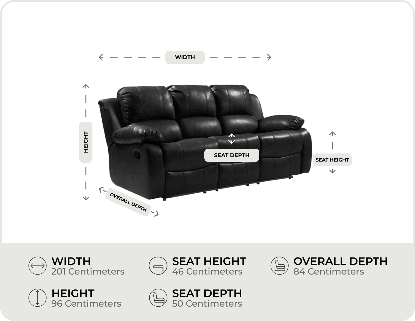 York Black Leather 3 Seater Manual Recliner Sofa measurement 


