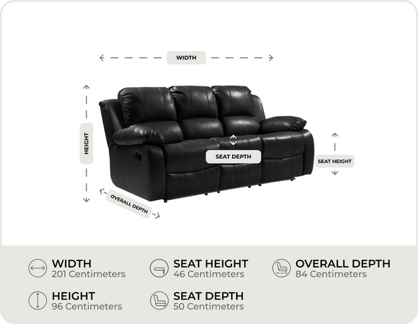 York Black Leather 3 Seater Manual Recliner Sofa measurement 


