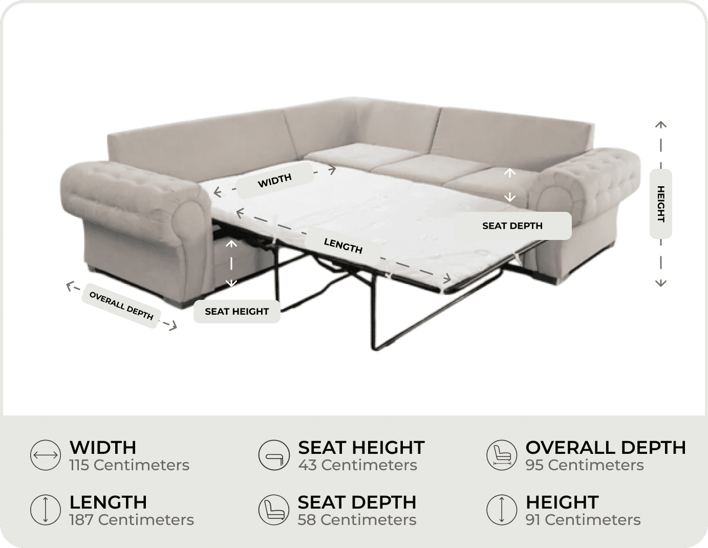 Florence High Back Cream Fabric Corner Sofa Bed measurements