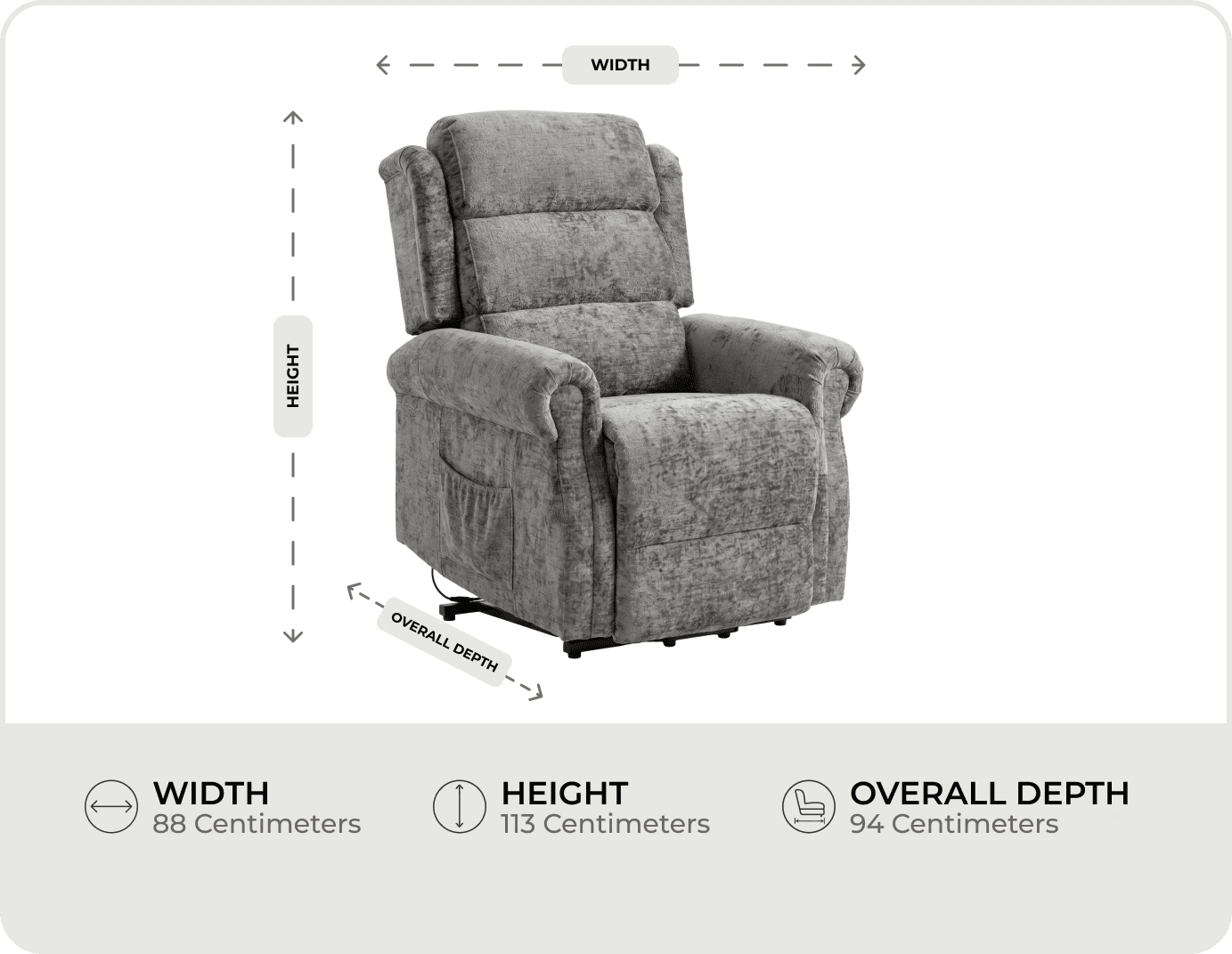 Cambridge Grey Fabric Rise & Recline Mobility Chair measurements