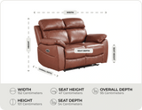 Torino Genuine Leather Tan  Electric Power Recliner 2 Seater Sofa measurements
