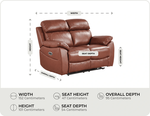 Torino Genuine Leather Tan  Electric Power Recliner 2 Seater Sofa measurements