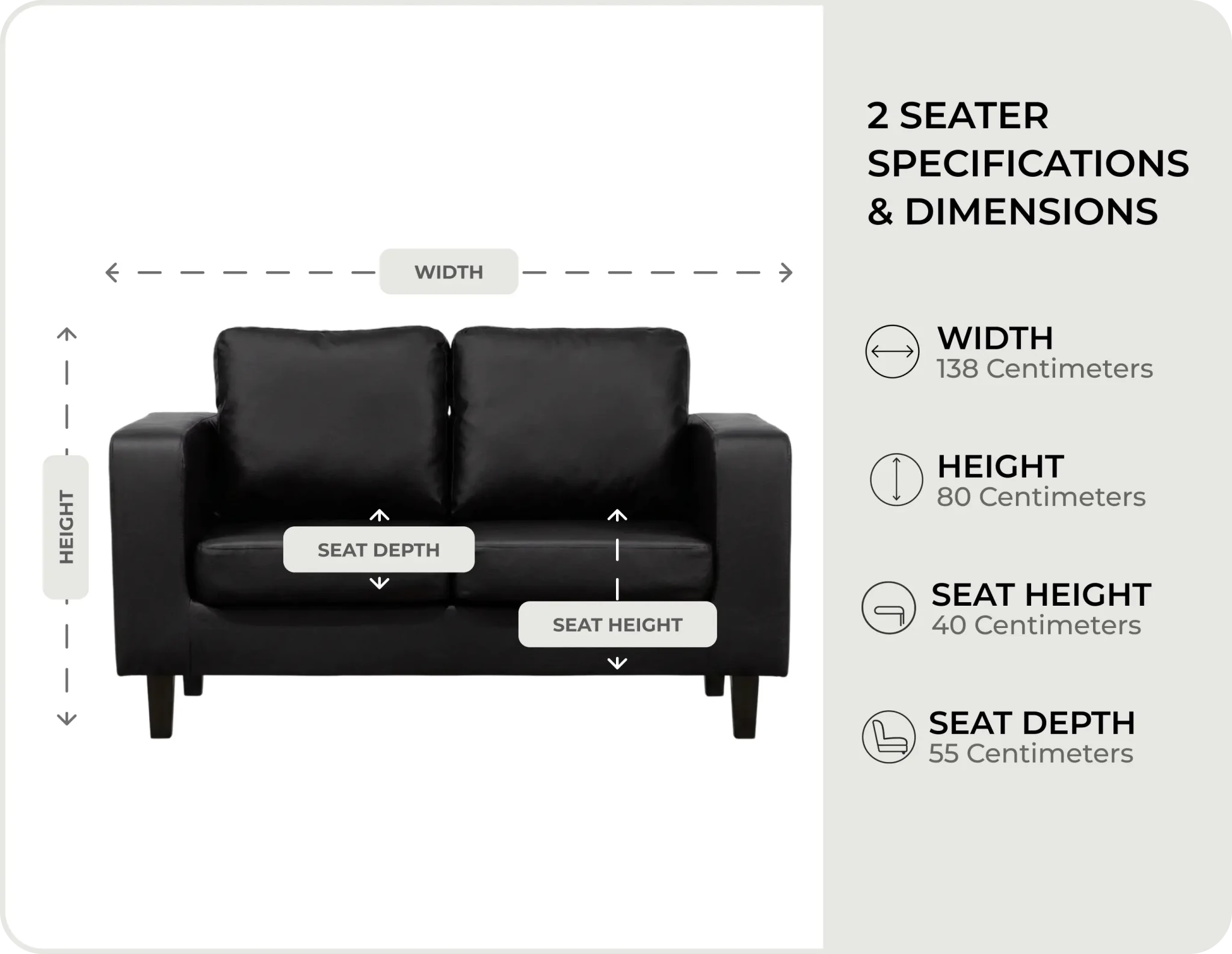 Box Black  Leather 2 seater measurements