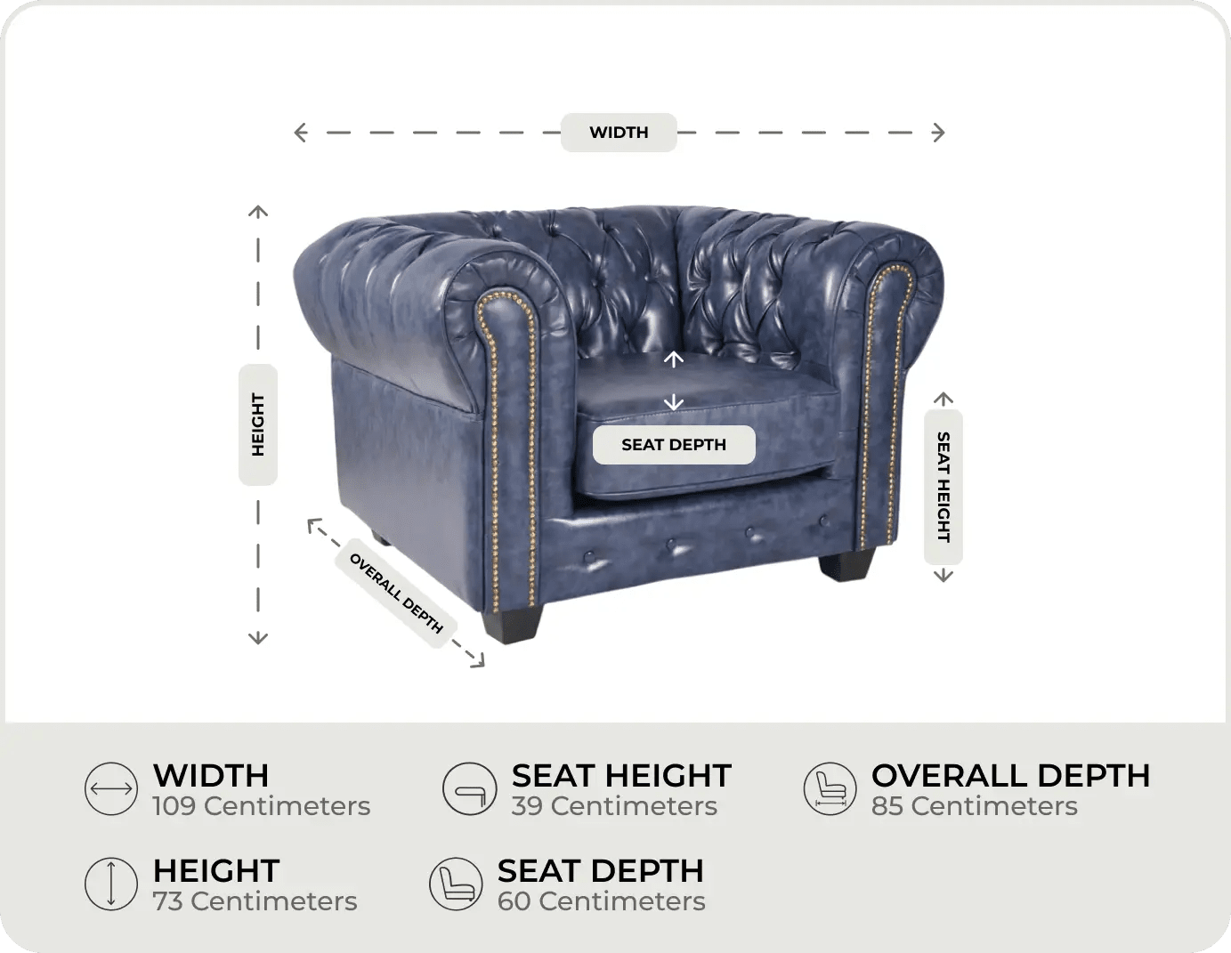 Chesterfield Blue Leather Antique Armchair - measurements