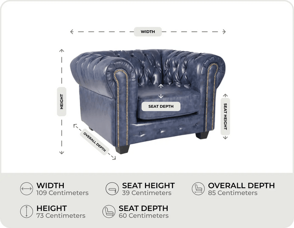 Chesterfield Blue Leather Antique Armchair - measurements