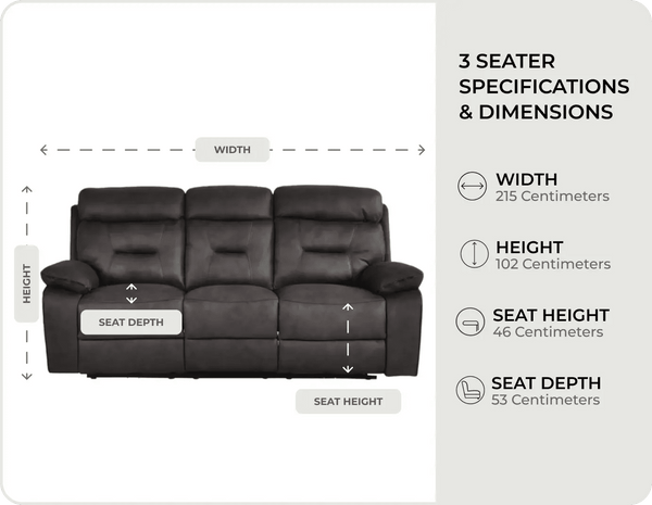 Foster Dark Grey Fabric Electric Recliner 3 Seater Sofa measurements
