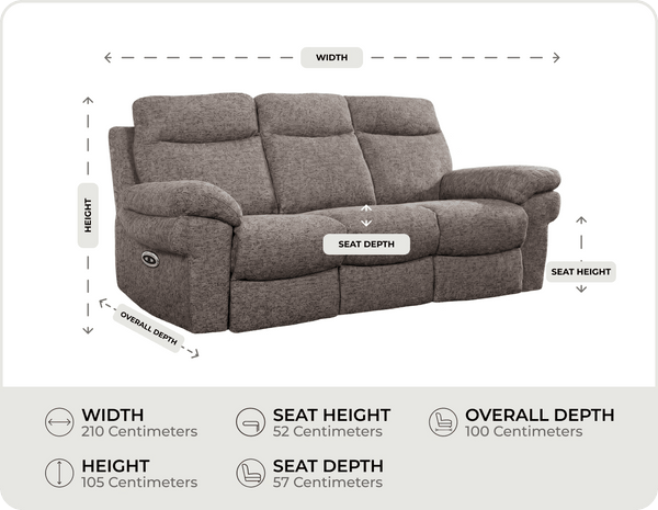 Lunaro Brown Fabric Electric Recliner 3 Seater Sofa measurements