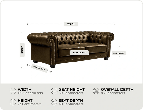 Chesterfield Brown Leather Antique 3 Seater Sofa measurement