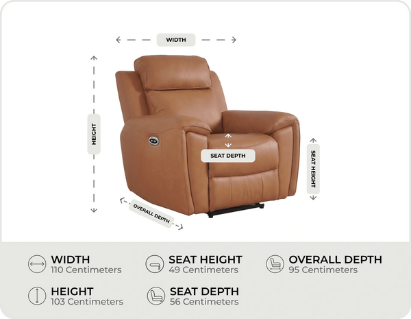 Leo Genuine Leather Caramel Armchair with Electric Power Recliner measurements