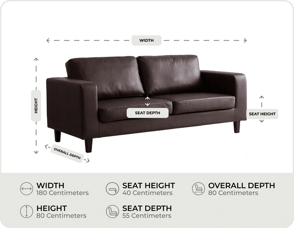 Nova Brown Leather 3 Seater Sofa measurements