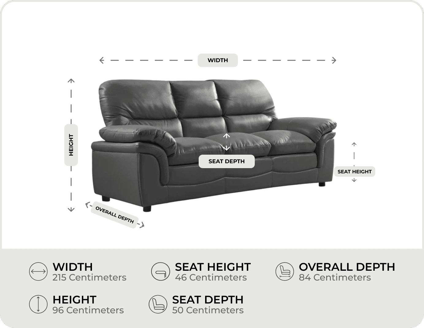 Florence Grey Leather 3 Seater Sofa measurement