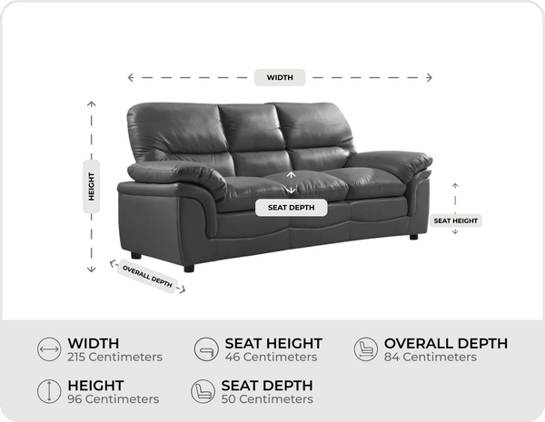 Florence Grey Leather 3 Seater Sofa measurement