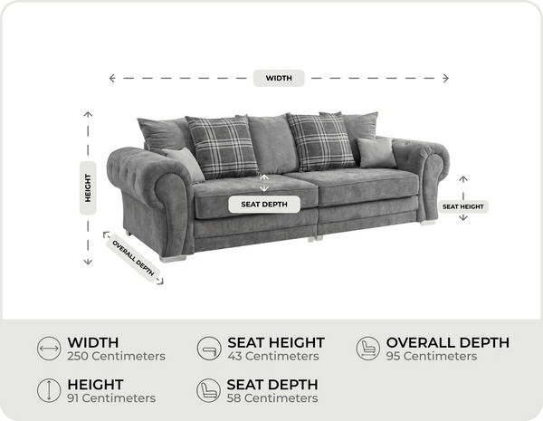 Florence Scatter Grey Fabric 4 Seater Sofa measuremens