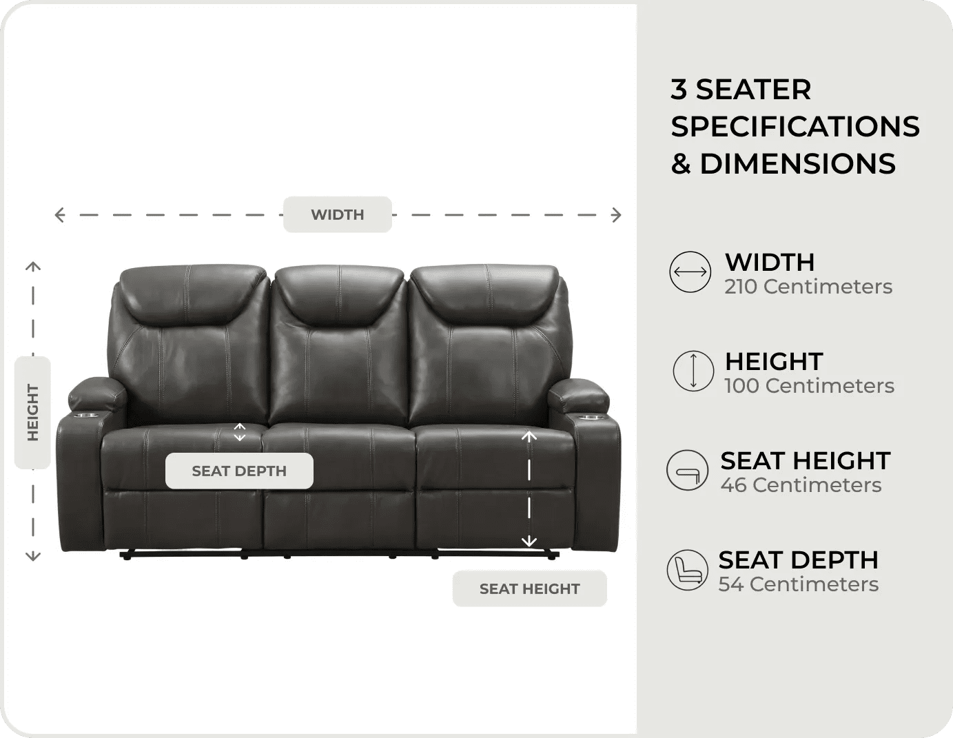 Cinemax Grey Electric Leather 3 Seater Recliner Sofa With Two Cup Holders