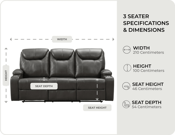 Cinemax Grey Electric Leather 3 Seater Recliner Sofa With Two Cup Holders