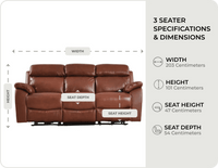 Torino Genuine Leather Tan Electric Power Recliner 3 Seater Sofa