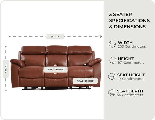 Torino Genuine Leather Tan Electric Power Recliner 3 Seater Sofa