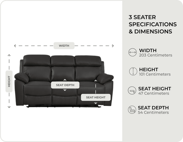 Torino Genuine Leather Grey Electric Power Recliner 3 Seater Sofa