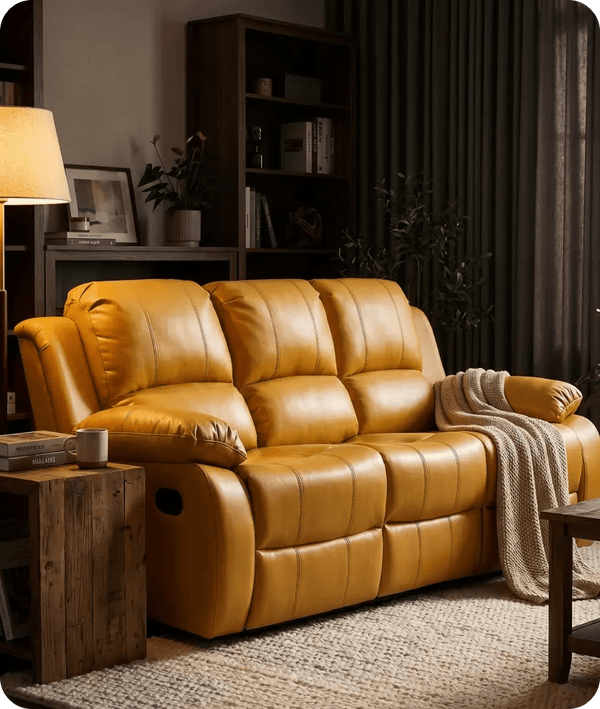 York Mustard Leather Manual Recliner 3 Seater Sofa - Sofa-Direct