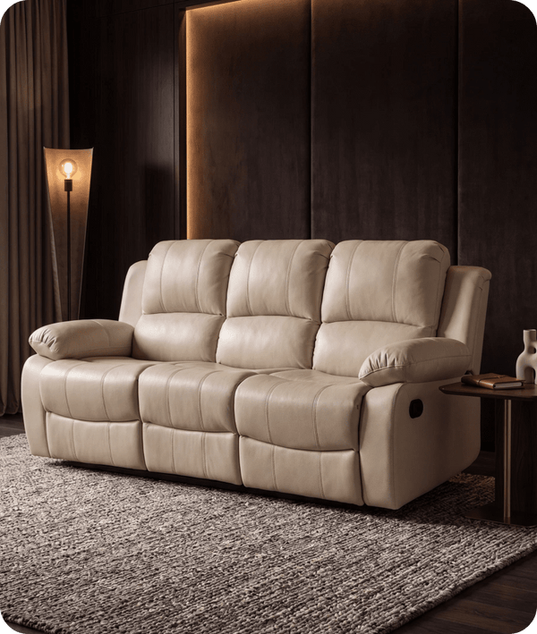 York Cream Leather 3 Seater Manual Recliner Sofa