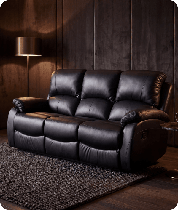 Serano Black Leather Manual Recliner 3 Seater Sofa