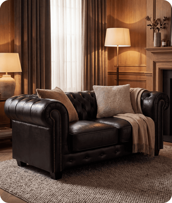 Chesterfield Black Leather Antique 2 Seater Sofa