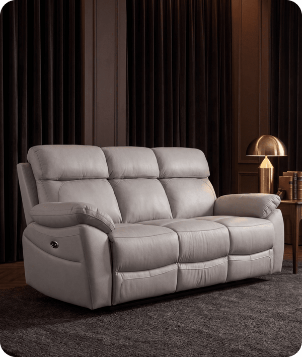 Torino Genuine Leather Light Grey Electric Power Recliner 3 Seater Sofa
