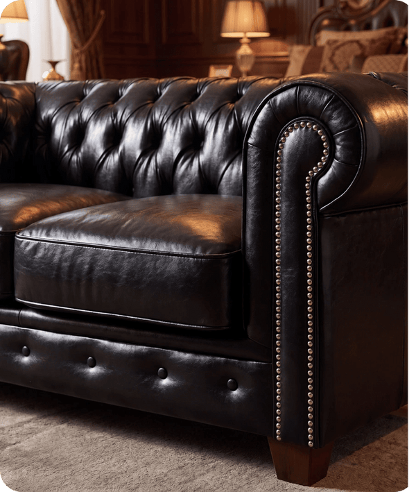 Chesterfield Black Leather Antique 2 Seater Sofa