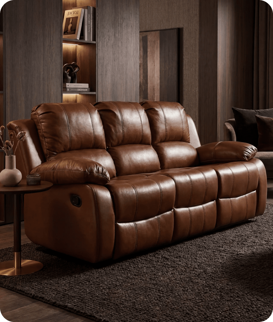 York Tan Leather 3 Seater Manual Recliner Sofa