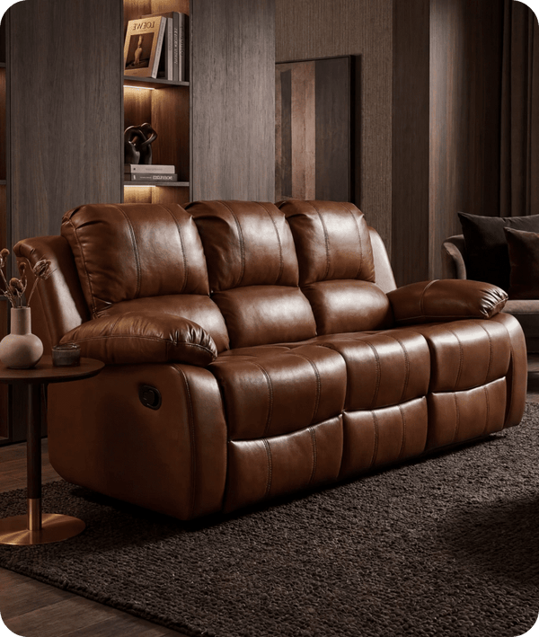 York Tan Leather 3 Seater Manual Recliner Sofa