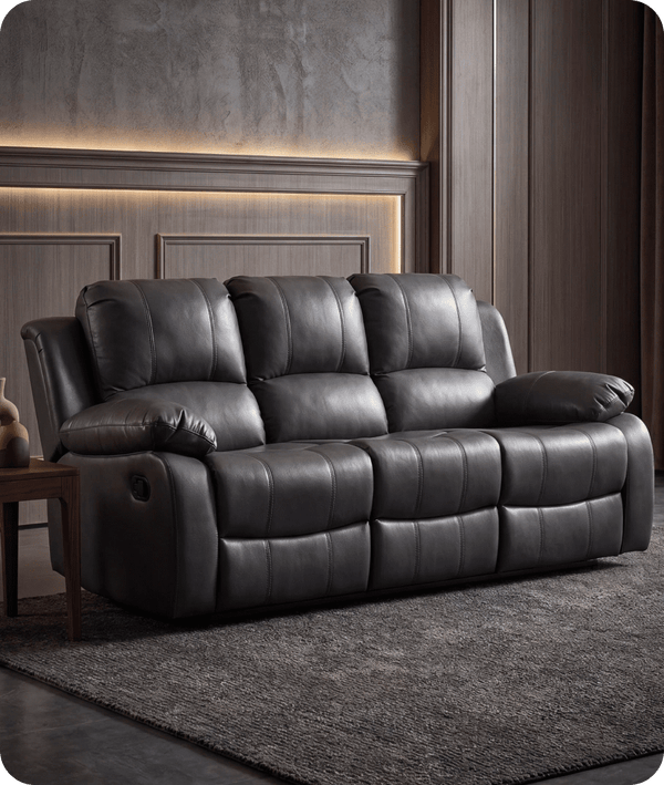 York Grey Leather 3 Seater Manual Recliner Sofa